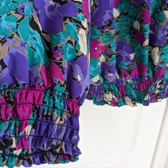VINTAGE 90s floral blouse turquoise purple button up shirt Medium @L - Picture 4 of 9